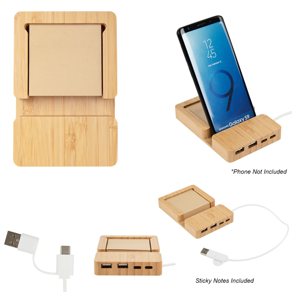 Bamboo Multi-Port Hub With Phone Holder & Sticky Notes - Bamboo Multi-Port Hub With Phone Holder & Sticky Notes - Image 1 of 2