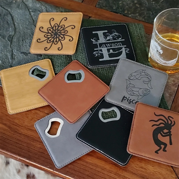 Custom Engraved Leatherette Coaster With Bottle Opener - Custom Engraved Leatherette Coaster With Bottle Opener - Image 2 of 3