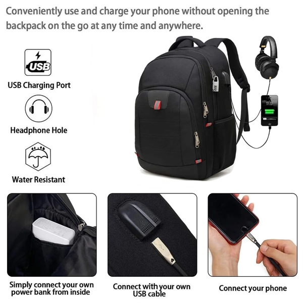 Large Anti Theft Travel Backpack With Headphone USB Port - Large Anti Theft Travel Backpack With Headphone USB Port - Image 2 of 5