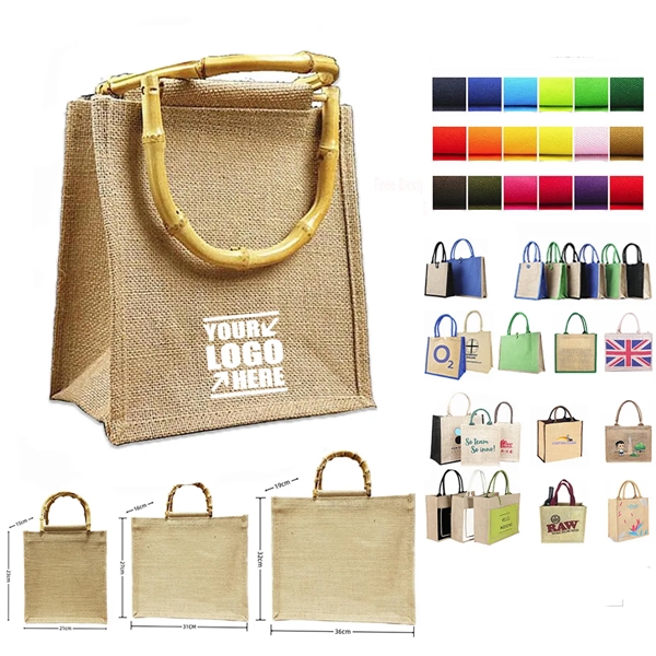 Reusable Jute Shopping Tote Bag with Bamboo Handles - Reusable Jute Shopping Tote Bag with Bamboo Handles - Image 1 of 9