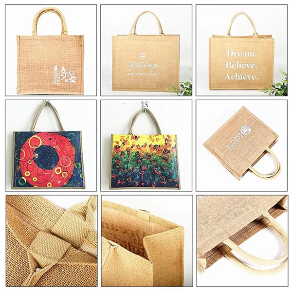 Reusable Jute Shopping Tote Bag with Bamboo Handles - Reusable Jute Shopping Tote Bag with Bamboo Handles - Image 5 of 9