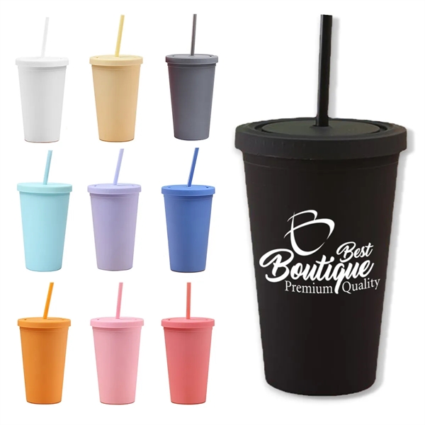 16OZ Reusable Matte Double Wall Plastic Straw Cup With Lid - 16OZ Reusable Matte Double Wall Plastic Straw Cup With Lid - Image 0 of 5