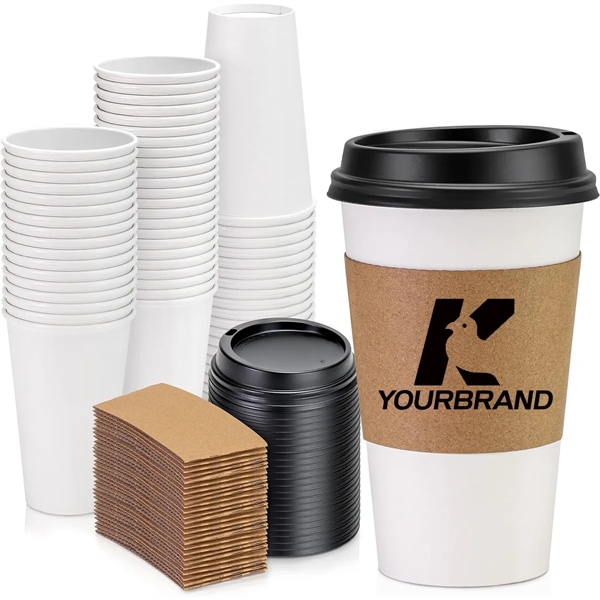 16OZ Black Dome Lid, Kraft Sleeve,White Paper Coffee Cup - 16OZ Black Dome Lid, Kraft Sleeve,White Paper Coffee Cup - Image 0 of 4