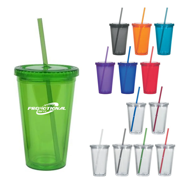 16oz. Double Wall Plastic Tumblers with Straw and Lid - 16oz. Double Wall Plastic Tumblers with Straw and Lid - Image 0 of 3