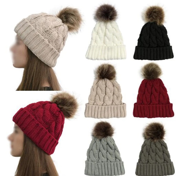 Women Winter Pompom Beanie Hat with Warm Fleece Lined - Women Winter Pompom Beanie Hat with Warm Fleece Lined - Image 3 of 4