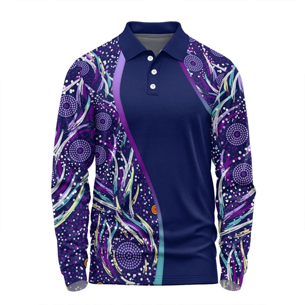 75D Fluorescent Digital Print Men's Long Sleeve Polo - 75D Fluorescent Digital Print Men's Long Sleeve Polo - Image 0 of 1