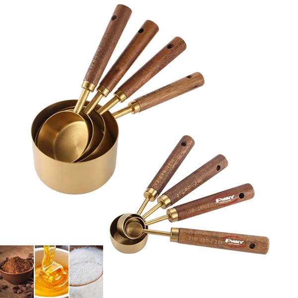 8Pcs Wood Handle Stainless Stee Measuring Cup And Spoon Set - 8Pcs Wood Handle Stainless Stee Measuring Cup And Spoon Set - Image 0 of 3