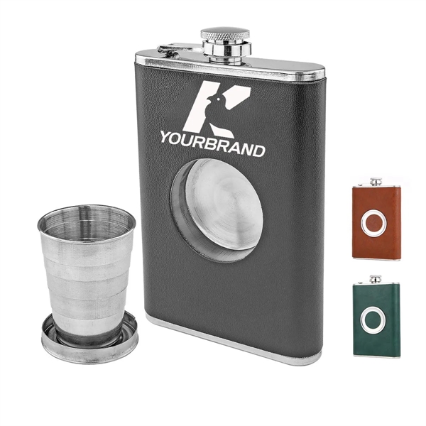 8oz Portable Hip Flask with Built In  Collapsible Shot Glass - 8oz Portable Hip Flask with Built In  Collapsible Shot Glass - Image 0 of 5