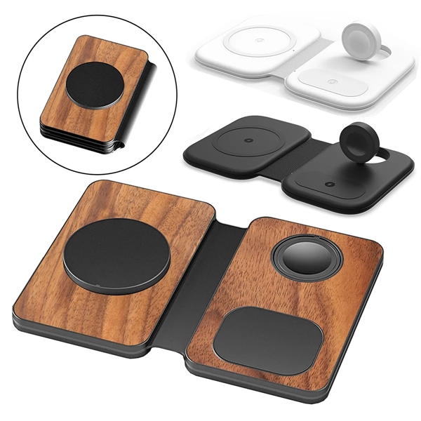 3 In 1 Bamboo Wood Magnetic Folding Fast Wireless Charger - 3 In 1 Bamboo Wood Magnetic Folding Fast Wireless Charger - Image 1 of 6