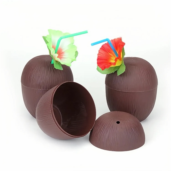 Hawaiian Themed Coconut Cups with Flower Straws & Twist Clos - Hawaiian Themed Coconut Cups with Flower Straws & Twist Clos - Image 1 of 5