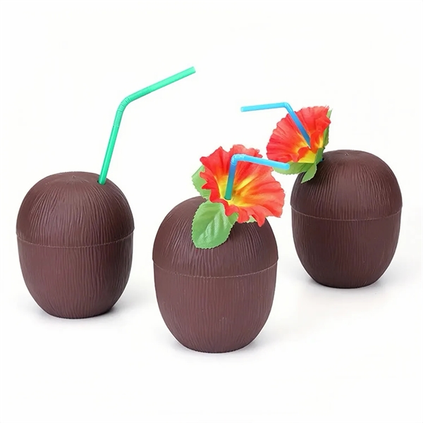 Hawaiian Themed Coconut Cups with Flower Straws & Twist Clos - Hawaiian Themed Coconut Cups with Flower Straws & Twist Clos - Image 2 of 5