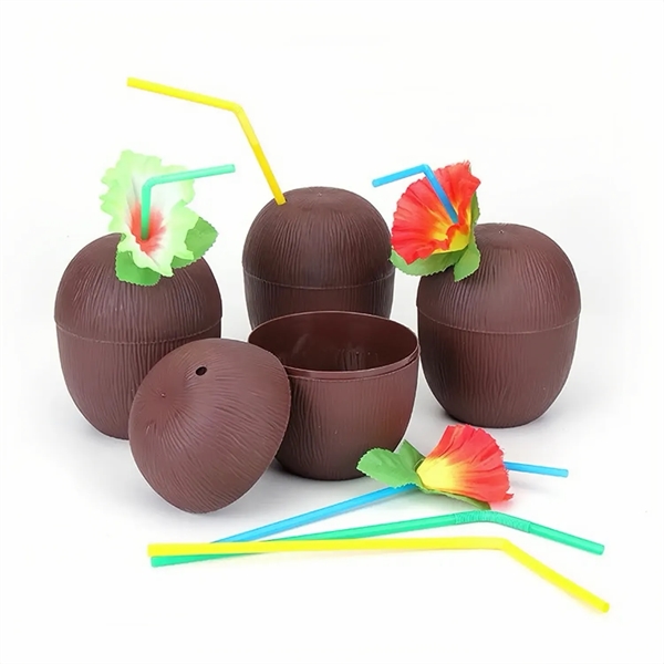 Hawaiian Themed Coconut Cups with Flower Straws & Twist Clos - Hawaiian Themed Coconut Cups with Flower Straws & Twist Clos - Image 0 of 5