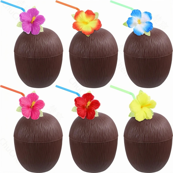 Hawaiian Themed Coconut Cups with Flower Straws & Twist Clos - Hawaiian Themed Coconut Cups with Flower Straws & Twist Clos - Image 5 of 5