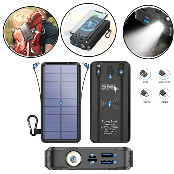 20,000 mAh Solar Wireless Charging Bank With Flashlight - 20,000 mAh Solar Wireless Charging Bank With Flashlight - Image 0 of 2