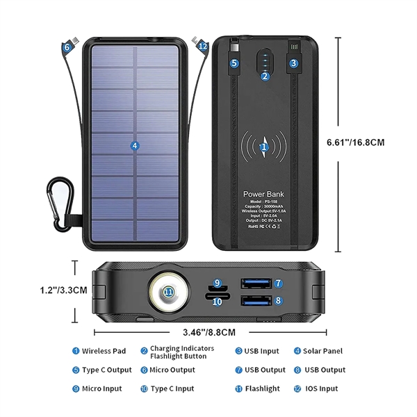 20,000 mAh Solar Wireless Charging Bank With Flashlight - 20,000 mAh Solar Wireless Charging Bank With Flashlight - Image 1 of 2