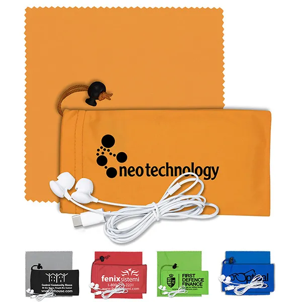 Mobile Tech Earbud Kit with Microfiber Cloth in Cinch Pouch - Mobile Tech Earbud Kit with Microfiber Cloth in Cinch Pouch - Image 0 of 12