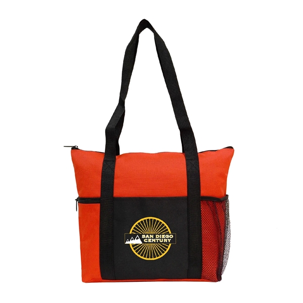 600D Polyester Reusable Zipper Tote w/ Strap & Pockets - 600D Polyester Reusable Zipper Tote w/ Strap & Pockets - Image 4 of 7