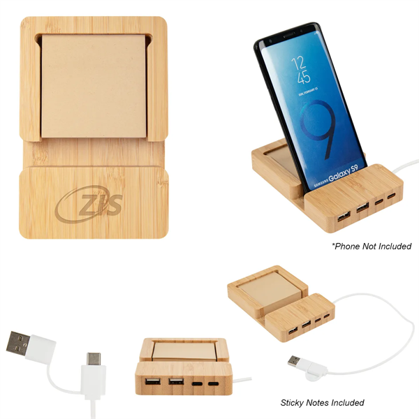 Bamboo Multi-Port Hub With Phone Holder & Sticky Notes - Bamboo Multi-Port Hub With Phone Holder & Sticky Notes - Image 2 of 2