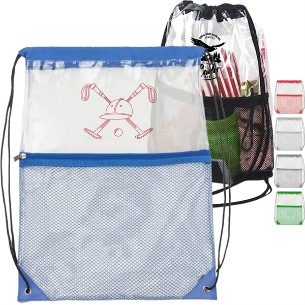 Clear PVC Drawstring Bag w/ Mesh Pocket (13.5" x 17") - Clear PVC Drawstring Bag w/ Mesh Pocket (13.5" x 17") - Image 0 of 16