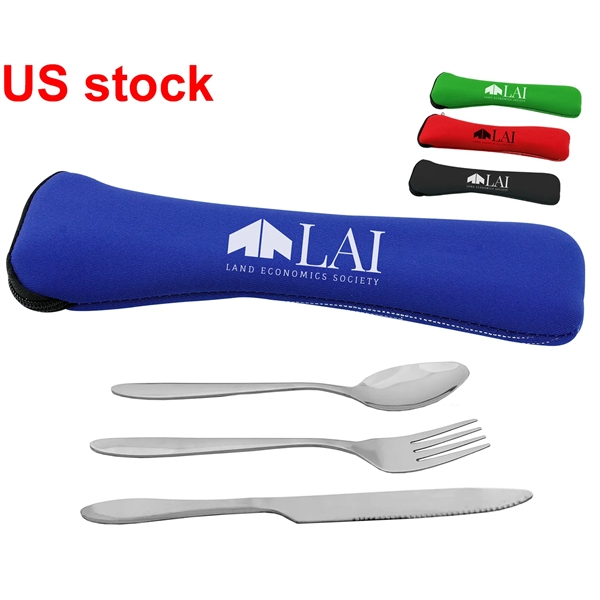 Stainless Steel Travel Utensil Set in Zipper Neoprene Pouch - Stainless Steel Travel Utensil Set in Zipper Neoprene Pouch - Image 0 of 1