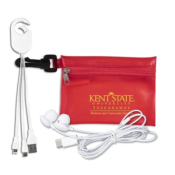 Mobile Tech Earbud and Charging Cables Kit In Zipper Pouch