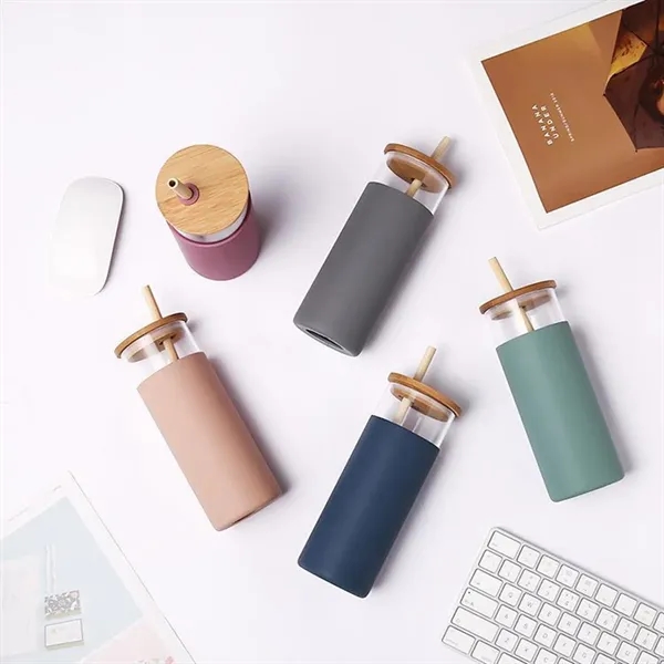 20oz Glass Tumbler With Bamboo Lid And Straw Silicone Sleeve - 20oz Glass Tumbler With Bamboo Lid And Straw Silicone Sleeve - Image 1 of 4