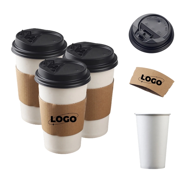 16oz Disposable Coffee Cup with Dome Lid and Sleeve - 16oz Disposable Coffee Cup with Dome Lid and Sleeve - Image 0 of 2