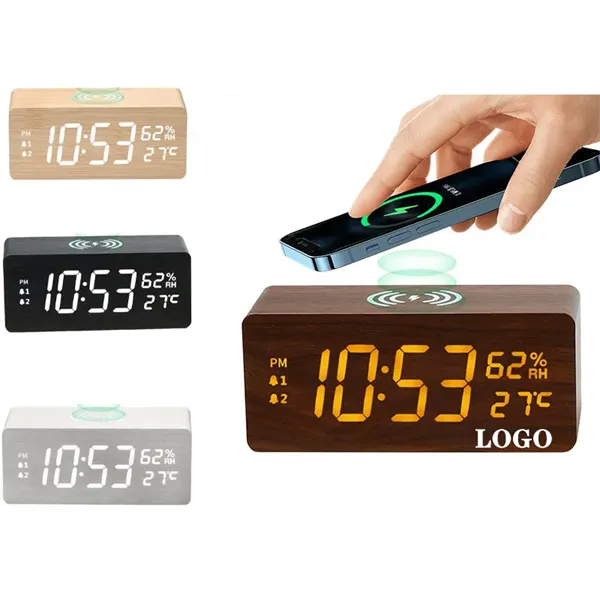 Wooden Digital Alarm Clock Wireless Charging - Wooden Digital Alarm Clock Wireless Charging - Image 0 of 2