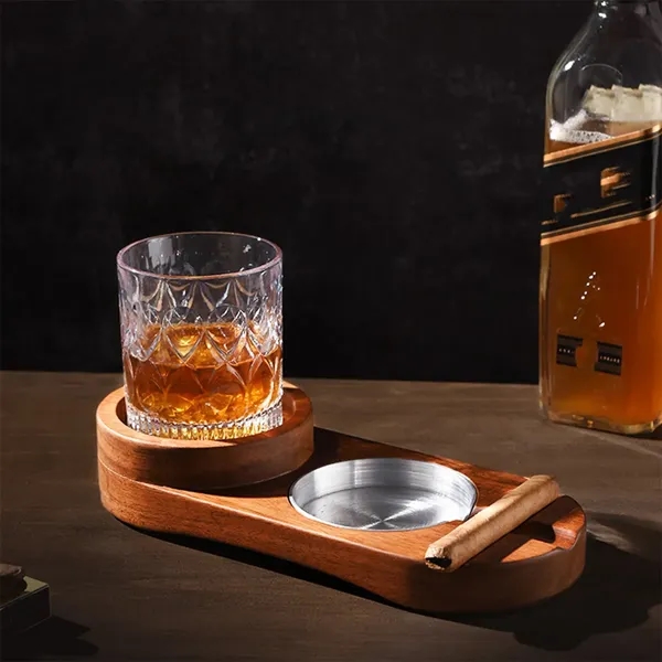 Whiskey Glass Tray With Cigar Ashtray - Whiskey Glass Tray With Cigar Ashtray - Image 1 of 3