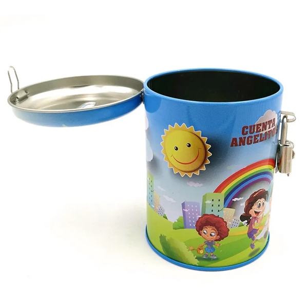Round Tin Coin Bank With Hinge And Lock - Round Tin Coin Bank With Hinge And Lock - Image 5 of 6