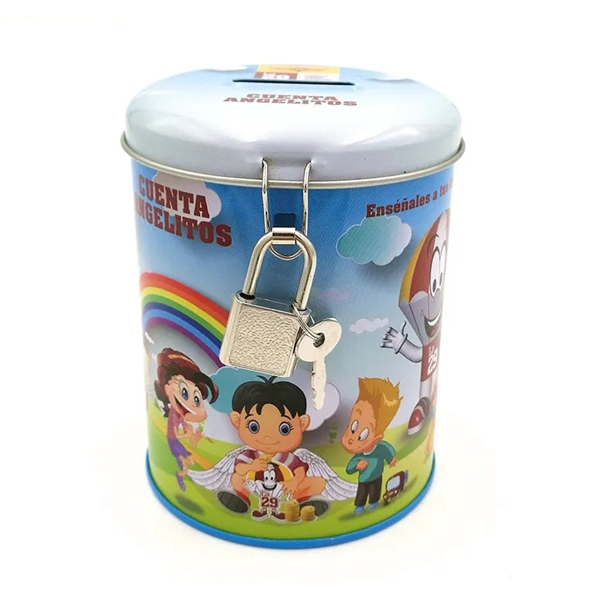 Round Tin Coin Bank With Hinge And Lock - Round Tin Coin Bank With Hinge And Lock - Image 6 of 6