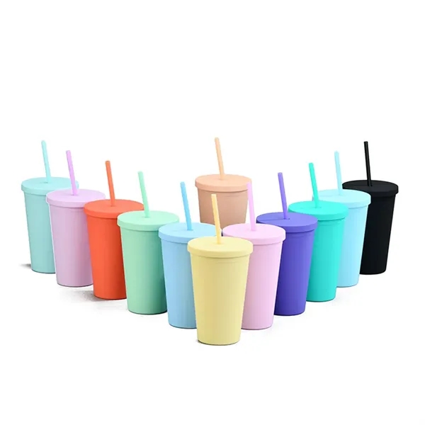 16oz Double Layer Solid Color Plastic Water Cup With Straw - 16oz Double Layer Solid Color Plastic Water Cup With Straw - Image 0 of 2