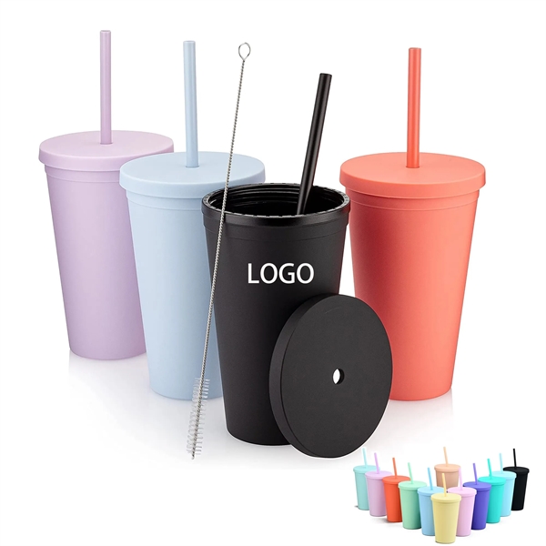 16oz Double Layer Solid Color Plastic Water Cup With Straw - 16oz Double Layer Solid Color Plastic Water Cup With Straw - Image 2 of 2