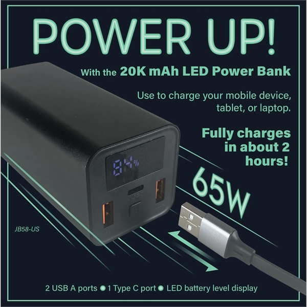 20K mAh 65W Power Bank w/LED - 20K mAh 65W Power Bank w/LED - Image 6 of 6