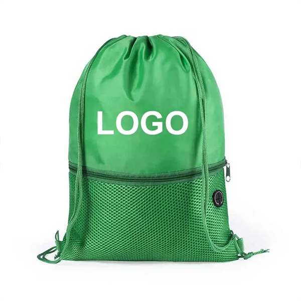 Polyester Drawstring Bags With Mesh Zip Pocket - Polyester Drawstring Bags With Mesh Zip Pocket - Image 0 of 3