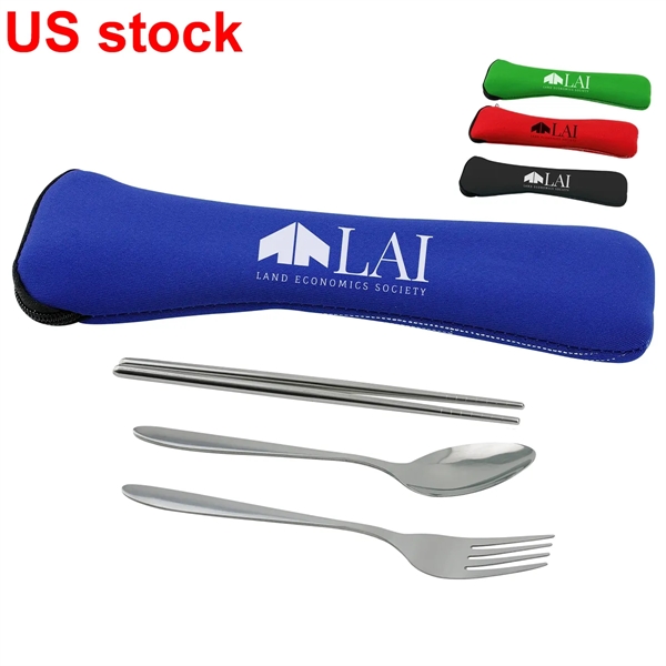 Stainless Steel Travel Utensil Set in Zipper Neoprene Pouch - Stainless Steel Travel Utensil Set in Zipper Neoprene Pouch - Image 0 of 1
