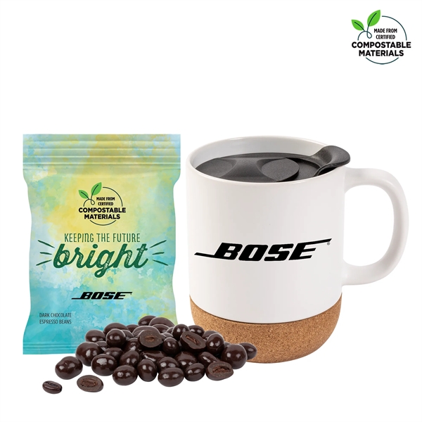 Custom Cork Bottom Mug Compostable Bag Dark Choc Espresso Beans