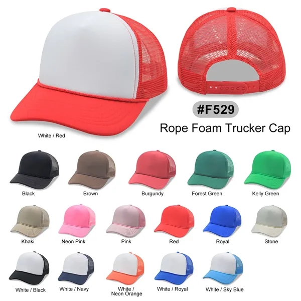 5 Panel Foam Mesh Back Trucker Cap w/Rope - 5 Panel Foam Mesh Back Trucker Cap w/Rope - Image 0 of 18