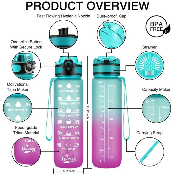 32Oz Motivational Sports Water Bottle With Time Marker - 32Oz Motivational Sports Water Bottle With Time Marker - Image 1 of 5