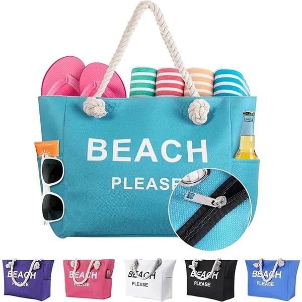 Large Canvas Beach Tote Bag with Zipper - Large Canvas Beach Tote Bag with Zipper - Image 0 of 10