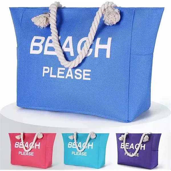 Large Canvas Beach Tote Bag with Zipper - Large Canvas Beach Tote Bag with Zipper - Image 1 of 10