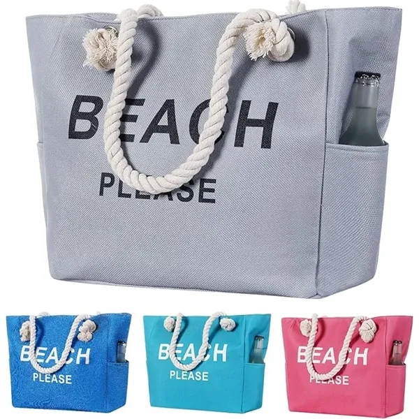 Large Canvas Beach Tote Bag with Zipper - Large Canvas Beach Tote Bag with Zipper - Image 2 of 10