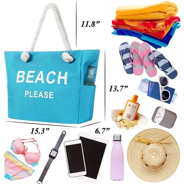Large Canvas Beach Tote Bag with Zipper - Large Canvas Beach Tote Bag with Zipper - Image 3 of 10
