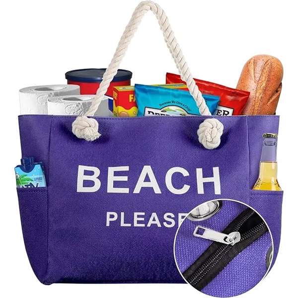 Large Canvas Beach Tote Bag with Zipper - Large Canvas Beach Tote Bag with Zipper - Image 4 of 10