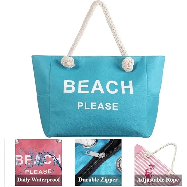 Large Canvas Beach Tote Bag with Zipper - Large Canvas Beach Tote Bag with Zipper - Image 6 of 10