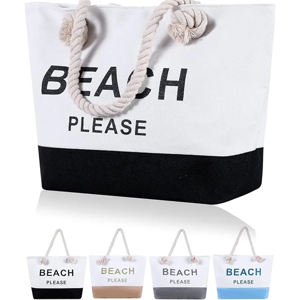 Two Tones Large Canvas Beach Tote Bag with Zipper - Two Tones Large Canvas Beach Tote Bag with Zipper - Image 0 of 4