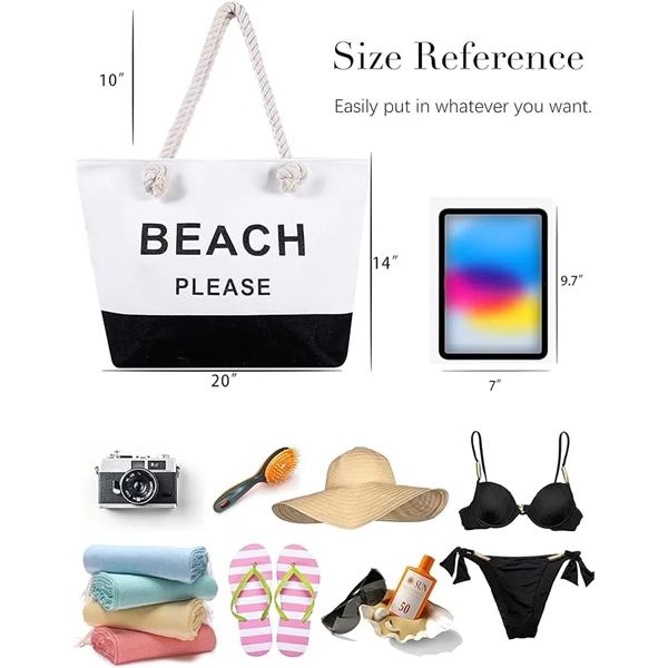 Two Tones Large Canvas Beach Tote Bag with Zipper - Two Tones Large Canvas Beach Tote Bag with Zipper - Image 1 of 4