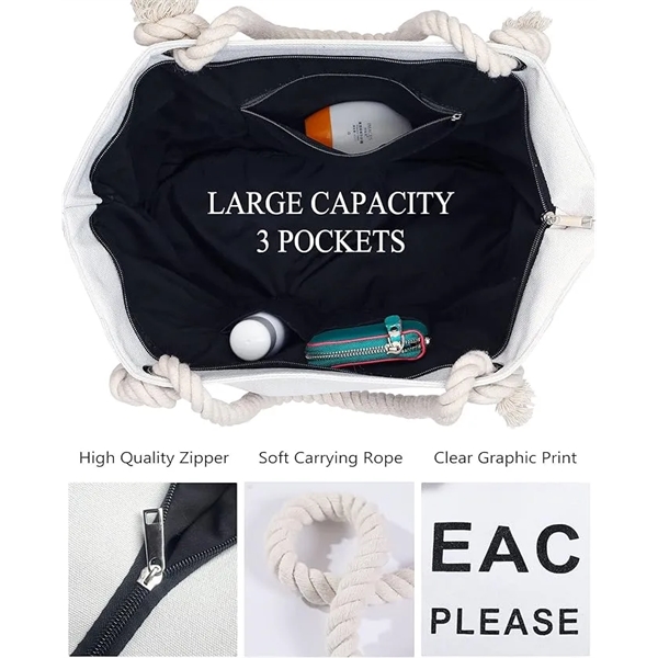 Two Tones Large Canvas Beach Tote Bag with Zipper - Two Tones Large Canvas Beach Tote Bag with Zipper - Image 2 of 4