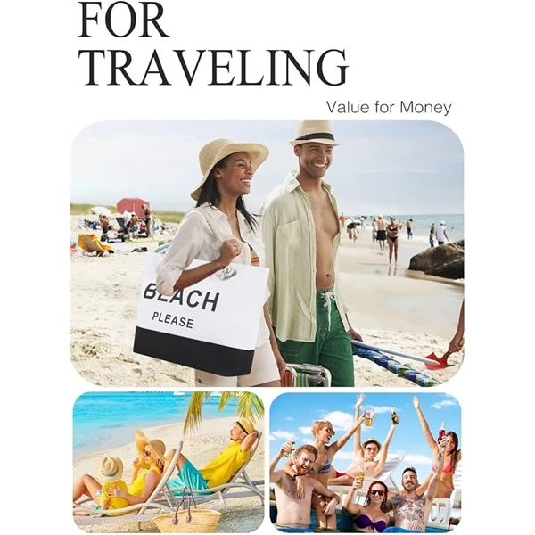 Two Tones Large Canvas Beach Tote Bag with Zipper - Two Tones Large Canvas Beach Tote Bag with Zipper - Image 3 of 4