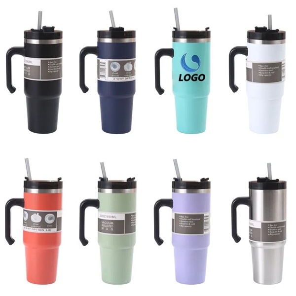 Tumbler with Handle and Straw Lid Insulated bottle - Tumbler with Handle and Straw Lid Insulated bottle - Image 0 of 11